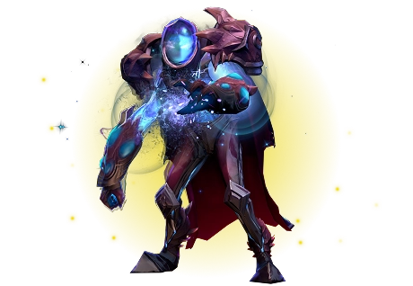 Duistere fantasiewarlock-personage doordrenkt met kosmische energie, gekleed in zware bepantsering met gloeiende magische elementen.