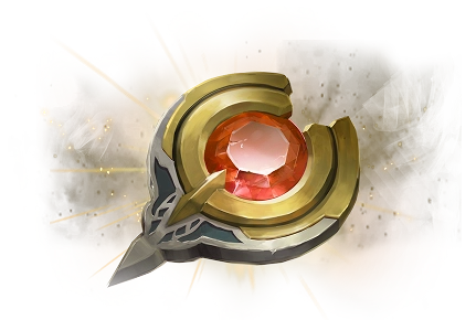 Fantastisch magisch artefact met een gloeiende rode edelsteen gezet in goudkleurig metaal, ontworpen als een krachtig amulet of relikwie voor RPG- en fantasiespellen.