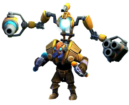 Mechanisch fantasie-ingenieurpersonage met robotachtige elementen en gereedschappen, waarin technologie en fantasieontwerp samenkomen.