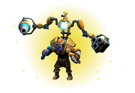 Mechanisch fantasie-ingenieurpersonage met robotachtige elementen en gereedschappen, waarin technologie en fantasieontwerp samenkomen.